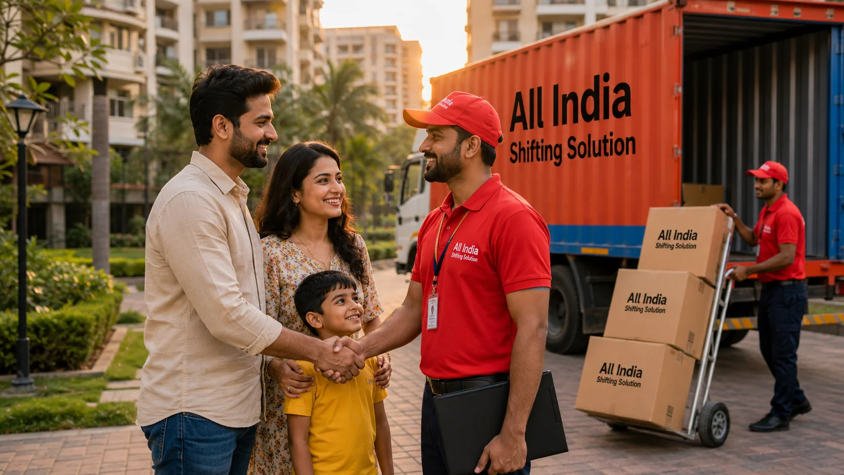 Two meticulous Indian movers in clean Red T-shirts with "All India Shifting Solution" in white text, dark blue trousers, and black safety shoes working collaboratively to perfectly protect an ornate, carved wooden dining chair using thick bubble wrap sealed with "All India Shifting Solution" branded packing tape.