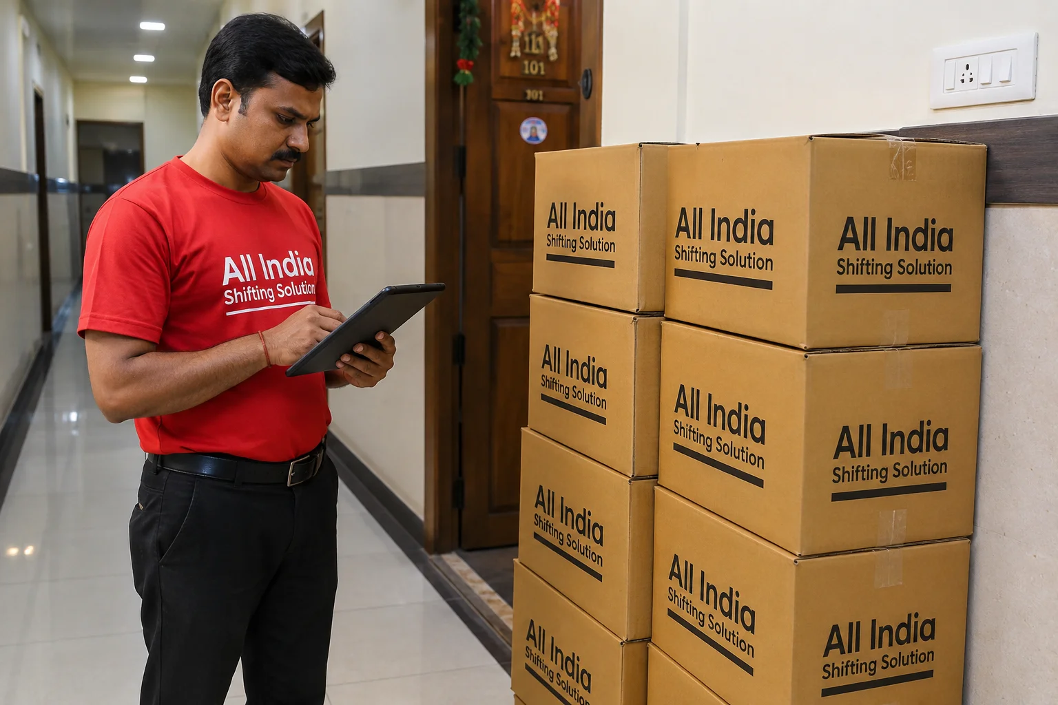 A focused supervisor in a Red T-shirt reading "All India Shifting Solution" inspecting a tall, neat stack of corrugated cardboard boxes professionally printed with "All India Shifting Solution" in black text. He holds a digital tablet, checking off inventory.