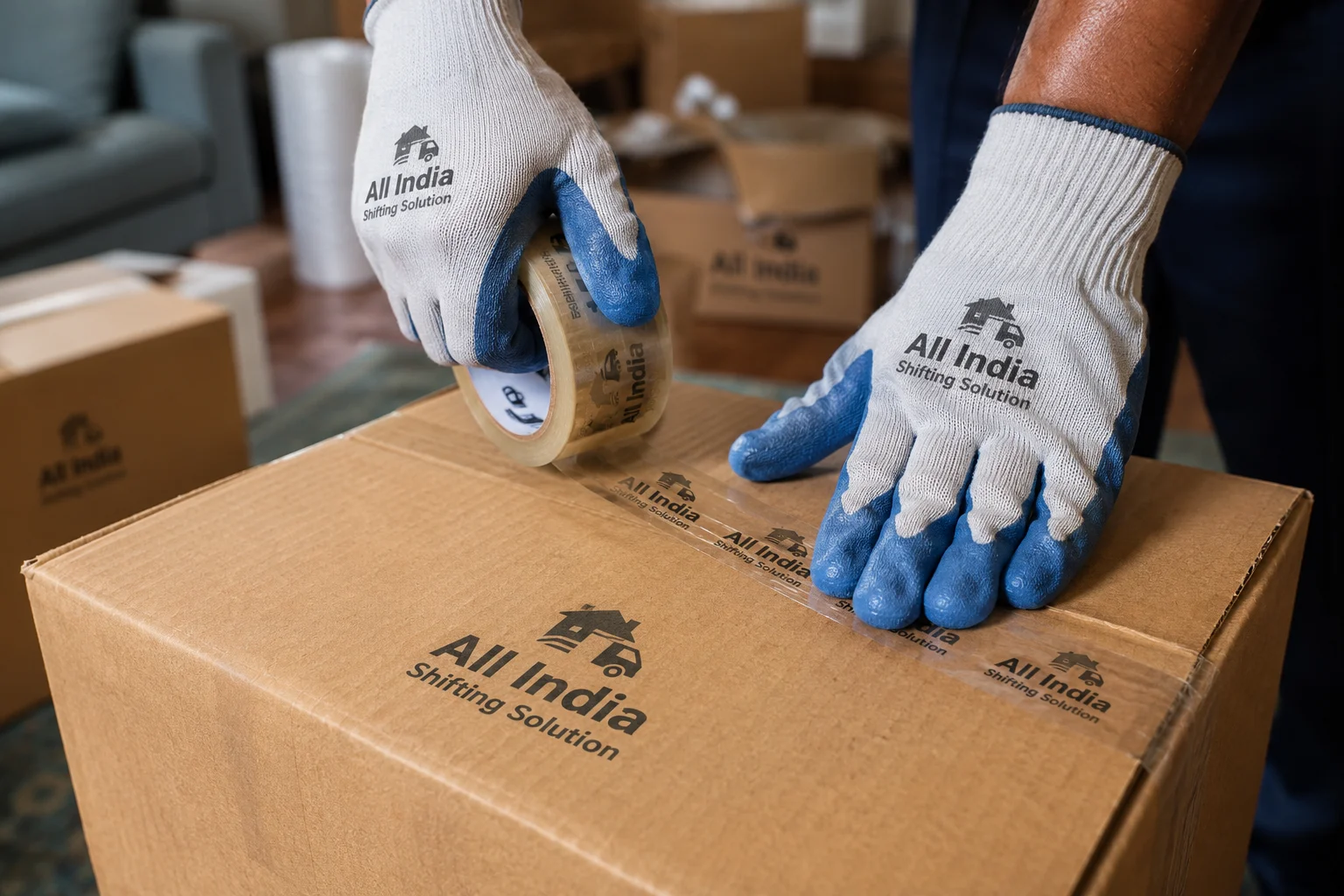 A detailed macro view of a mover's hands wearing clean industrial work gloves, firmly pressing down "All India Shifting Solution" branded packing tape to permanently seal one of the corrugated cardboard boxes professionally printed with "All India Shifting Solution" in black text.
