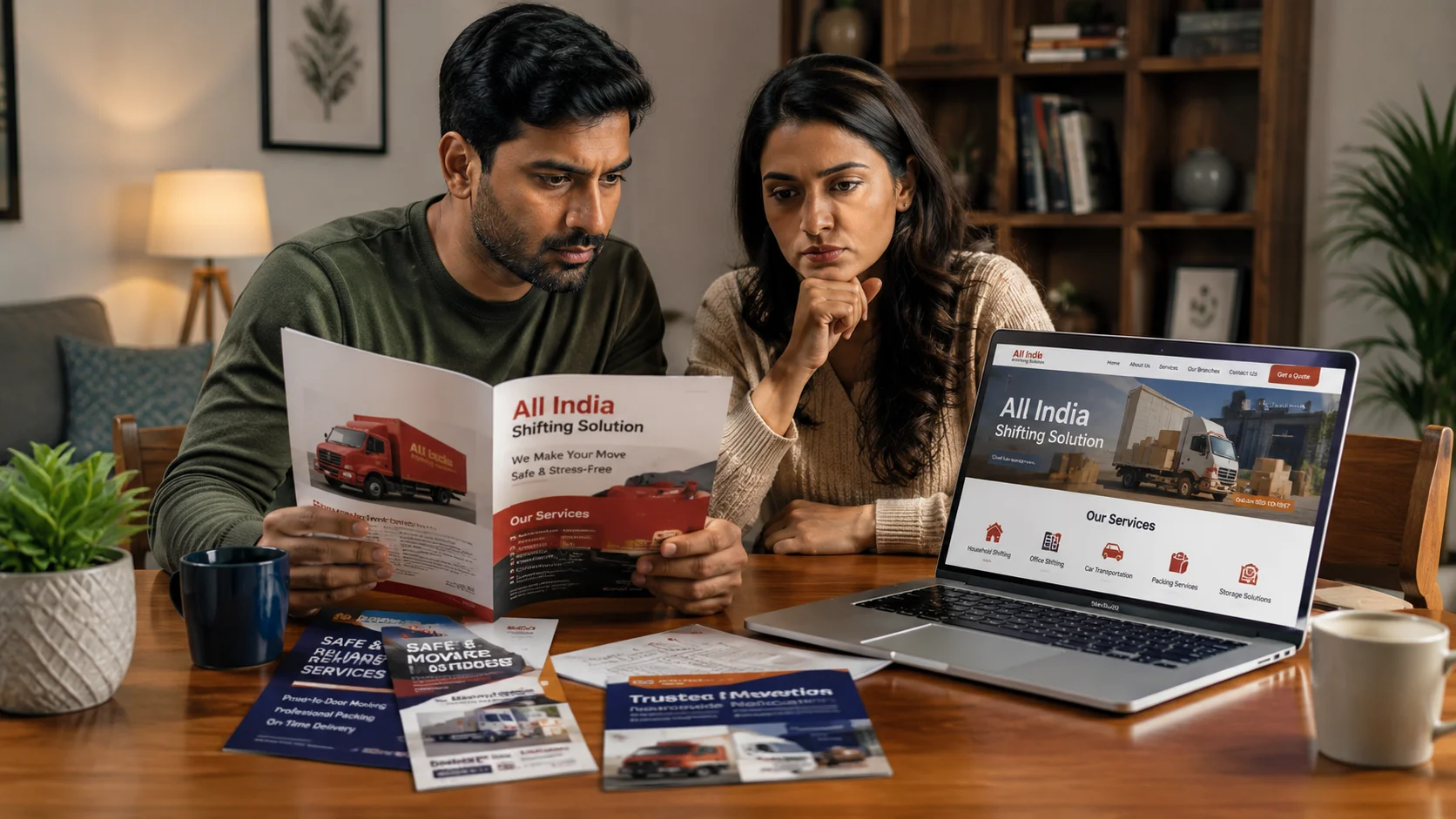 An Indian couple sitting at a wooden dining table, intensely comparing official moving company brochures and a laptop screen.