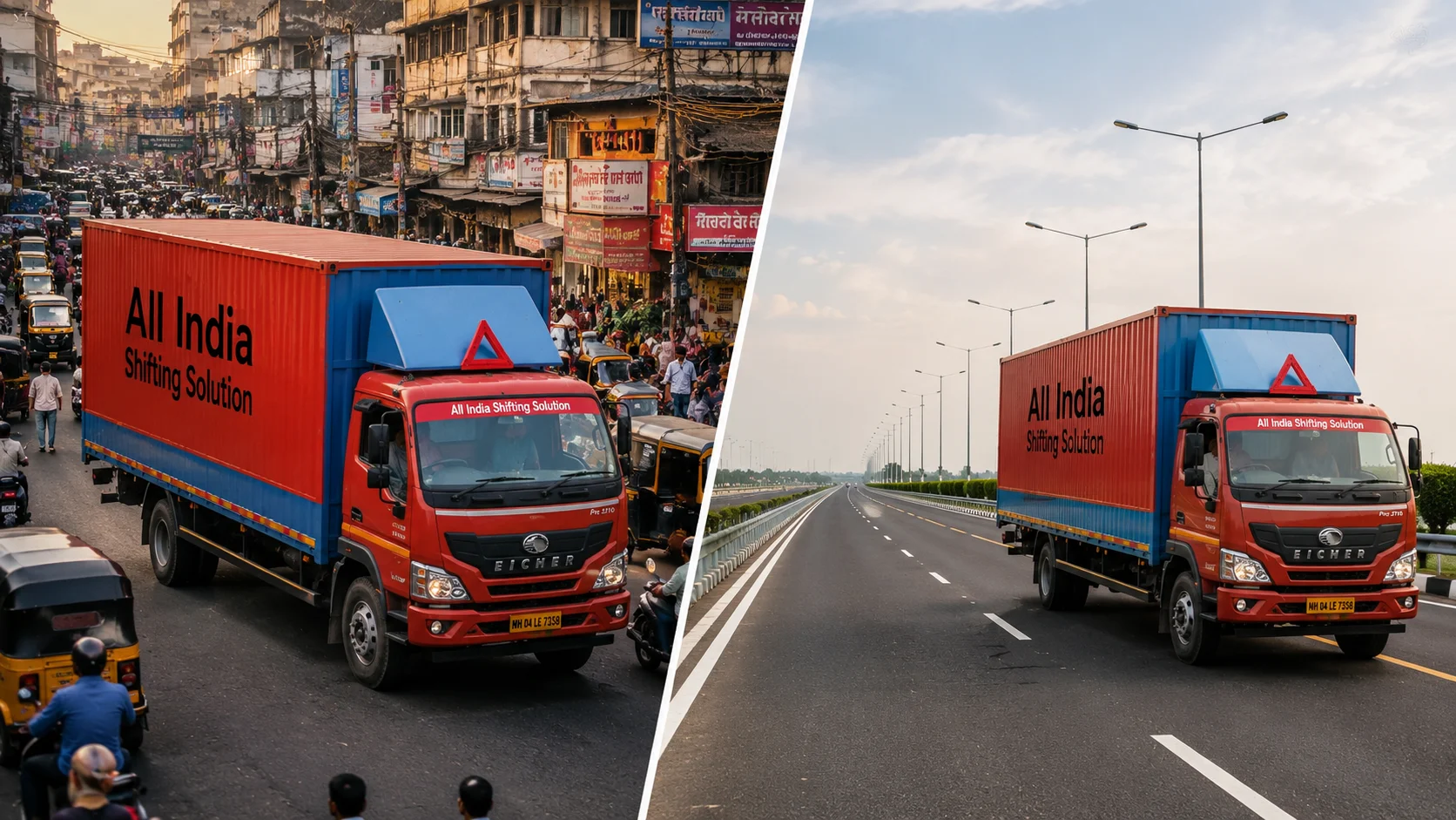 A creative split-screen: Left shows a plain red and blue Indian container truck with "All India Shifting Solution" in large black text navigating a chaotic, vibrant city street; Right shows the exact same truck cruising down a massive, empty express highway.