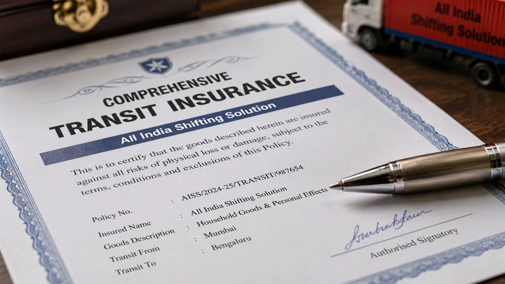 An extreme macro shot of an official document boldly titled "Comprehensive Transit Insurance", with a premium metallic pen resting on the signature line.