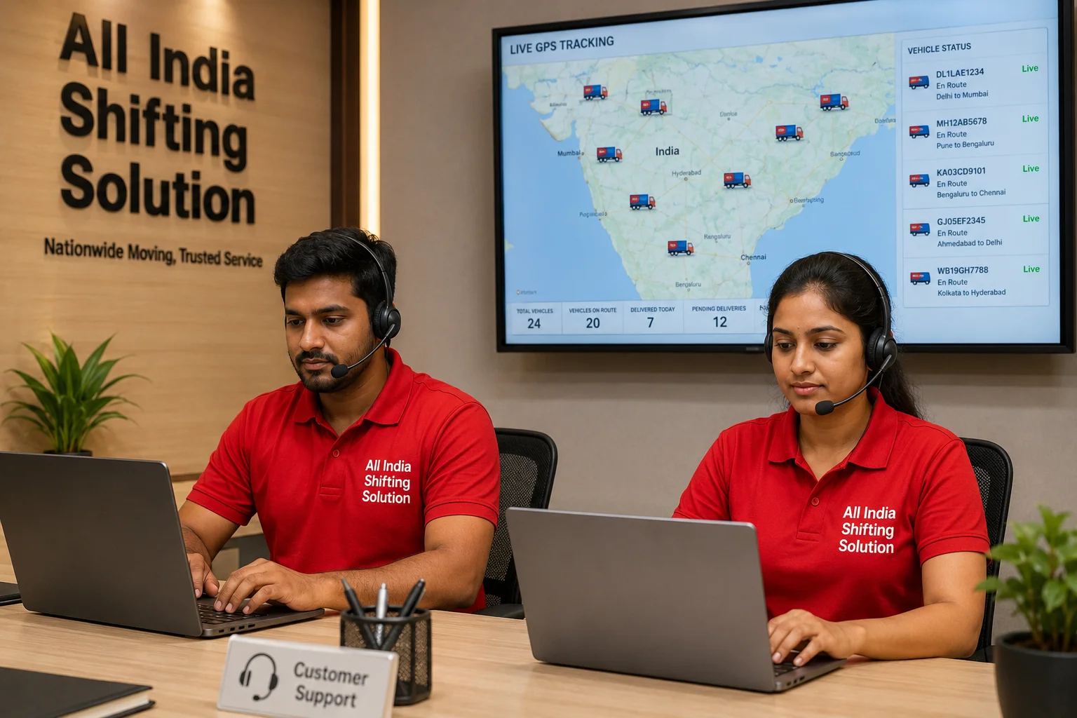 A busy, modern customer support desk. Two Indian staff members (male and female) wearing clean Red T-shirts with "All India Shifting Solution" in white text, wearing professional headsets and typing on sleek laptops.