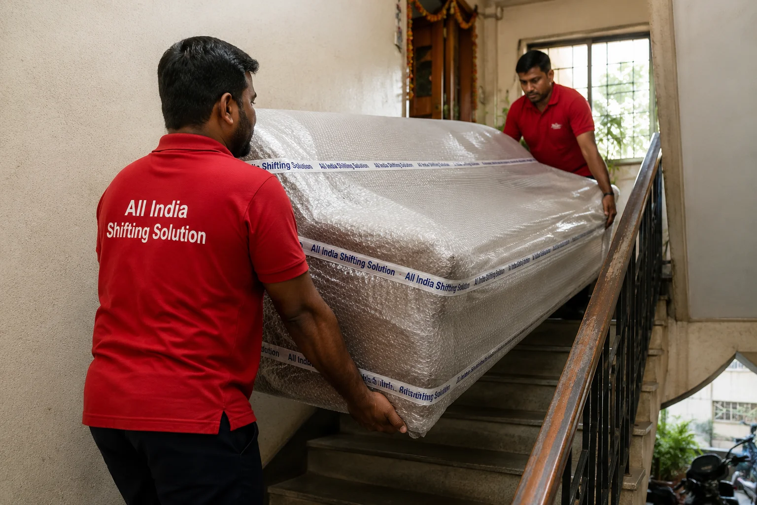 Movers carefully navigating a steep, narrow staircase in an Indian apartment while carrying a heavy sofa completely wrapped in thick bubble wrap sealed with "All India Shifting Solution" branded packing tape.