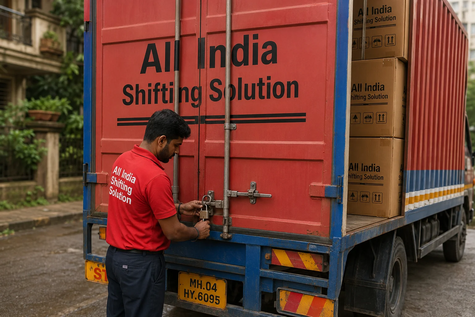A focused supervisor checking a heavy-duty padlock on the back of a plain red and blue Indian container truck with "All India Shifting Solution" in large black text, ensuring the loaded corrugated cardboard boxes professionally printed with "All India Shifting Solution" in black text are fully secure before transit.