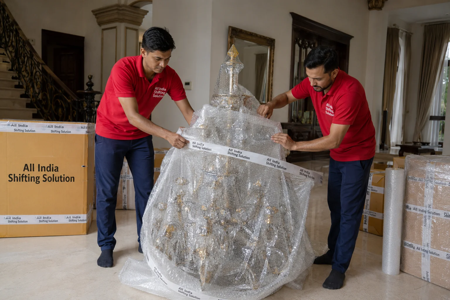 A delicate, ornate glass chandelier being meticulously wrapped in thick bubble wrap sealed with "All India Shifting Solution" branded packing tape by two highly focused movers inside a luxury villa.