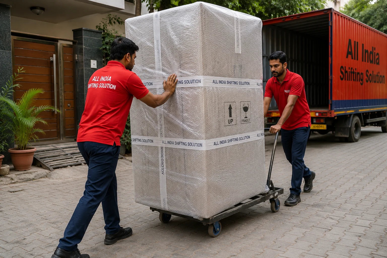 Movers using a heavy-duty steel trolley to transport a massive double-door refrigerator fully wrapped in thick bubble wrap sealed with "All India Shifting Solution" branded packing tape across a paved driveway.