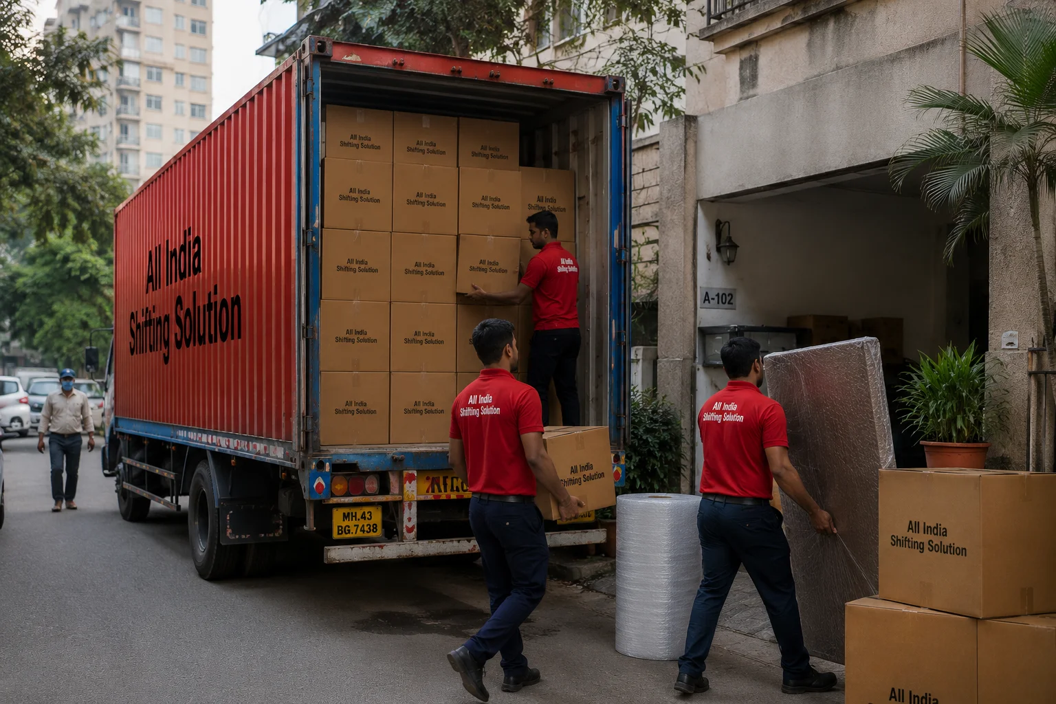 A wide shot of a bustling moving day, with the back of a plain red and blue Indian container truck with "All India Shifting Solution" in large black text open, revealing a perfectly tetris-packed wall of corrugated cardboard boxes professionally printed with "All India Shifting Solution" in black text inside.