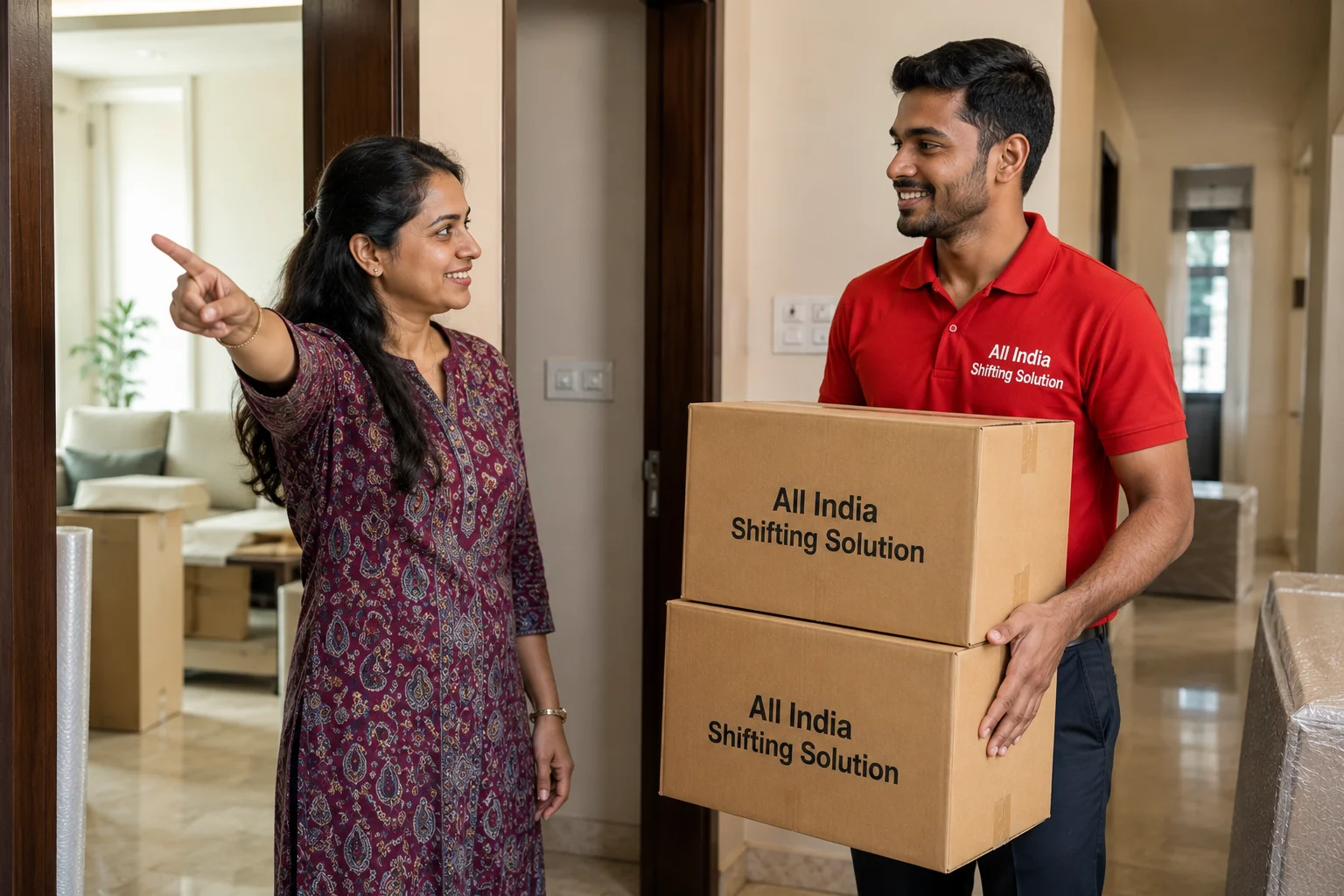 A satisfied female client pointing to a specific room while a smiling mover carrying corrugated cardboard boxes professionally printed with "All India Shifting Solution" in black text nods enthusiastically in agreement.