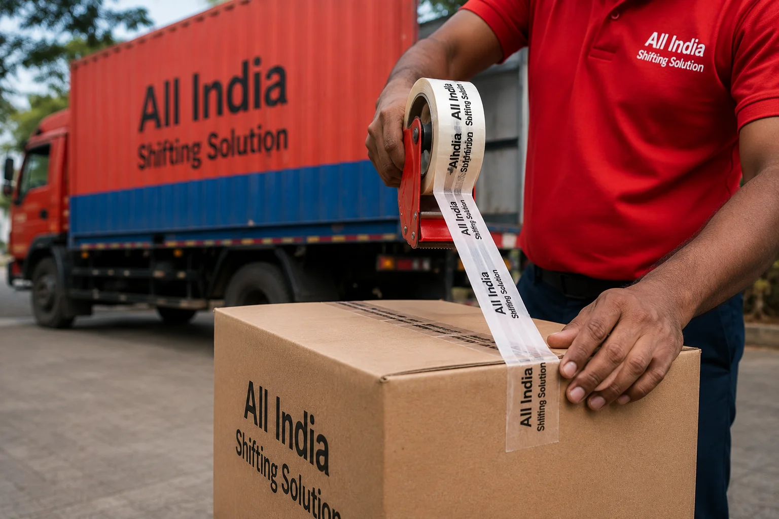 A highly detailed, satisfying shot of branded packing tape being pulled tightly across a corrugated box, with a plain red and blue Indian container truck with "All India Shifting Solution" in large black text beautifully blurred in the background.