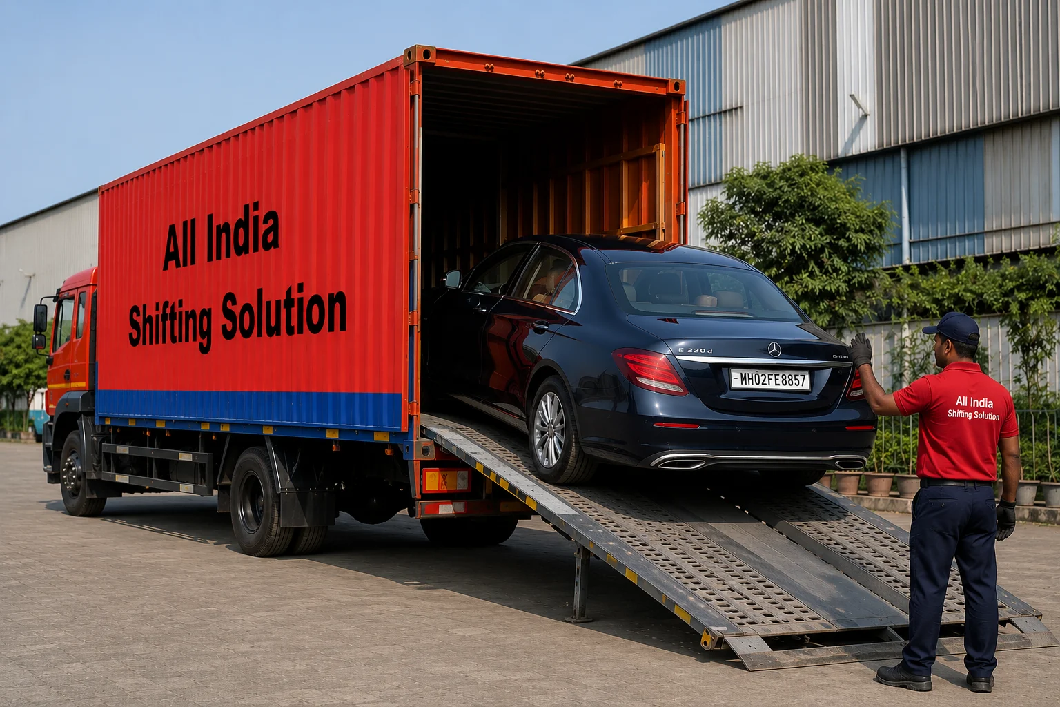 A premium sedan being carefully driven up the metal ramp of a specialized enclosed vehicle carrier (a plain red and blue Indian container truck with "All India Shifting Solution" in large black text), guided safely by a trained worker.