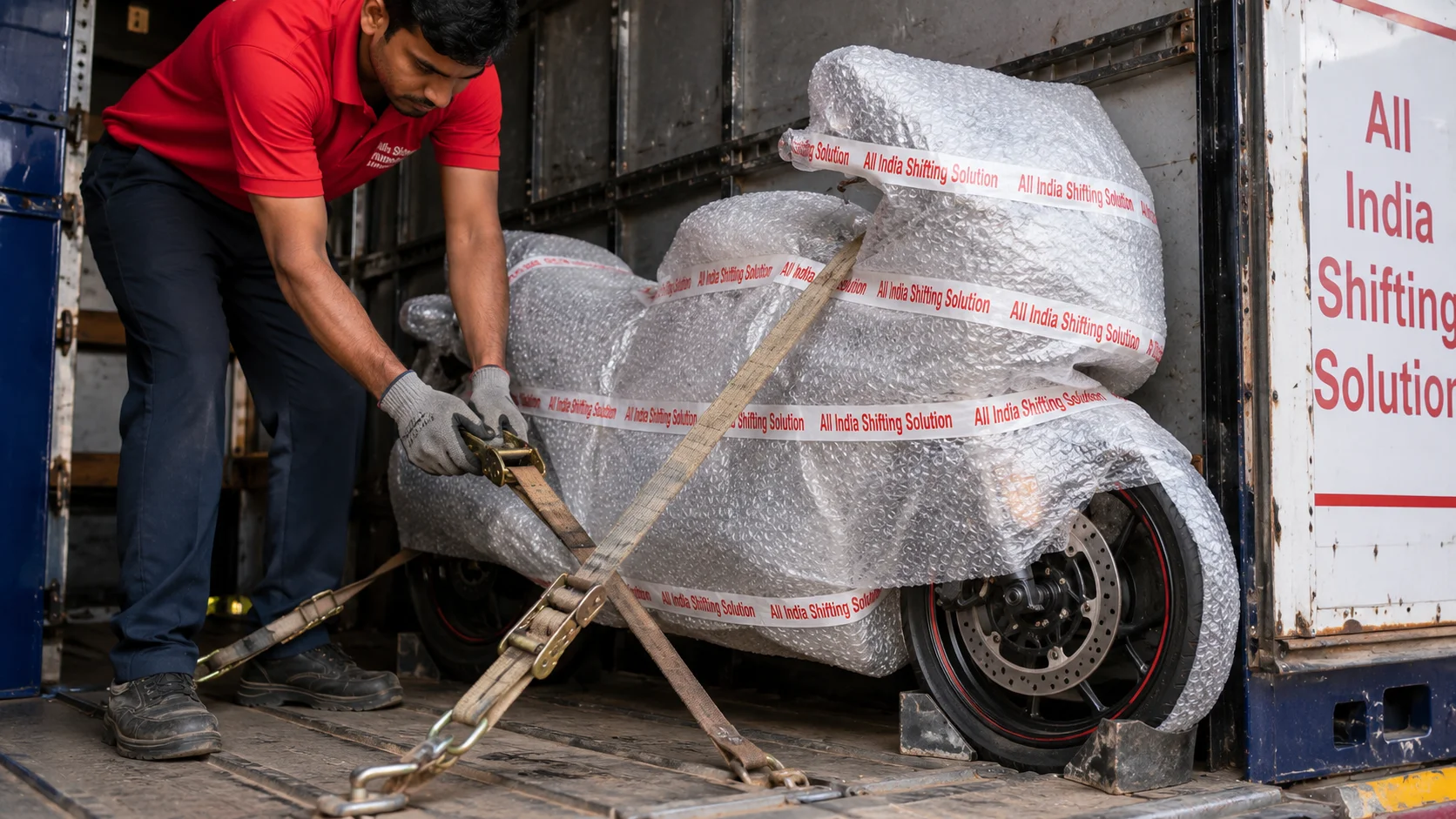 A high-end motorcycle heavily wrapped in thick bubble wrap sealed with "All India Shifting Solution" branded packing tape being strapped securely into a transport vehicle using thick, heavy-duty tiedowns.