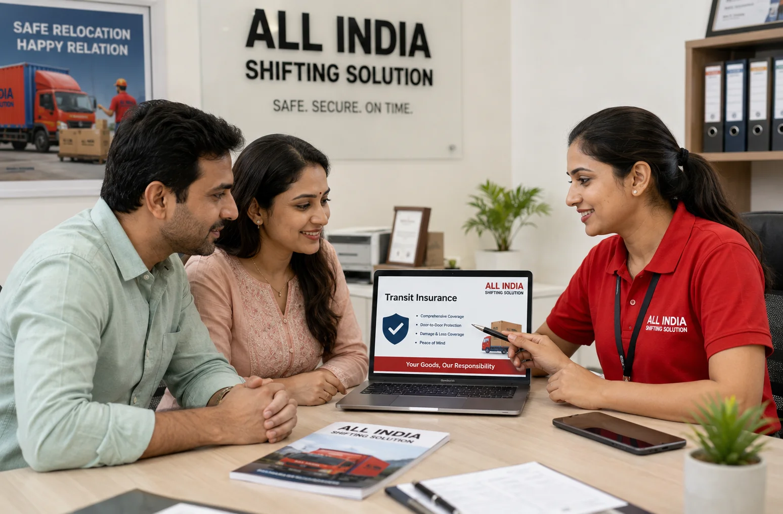 A professional female specialist in uniform explains transit insurance coverage on a modern laptop to a concerned but relieved Indian couple at a desk.