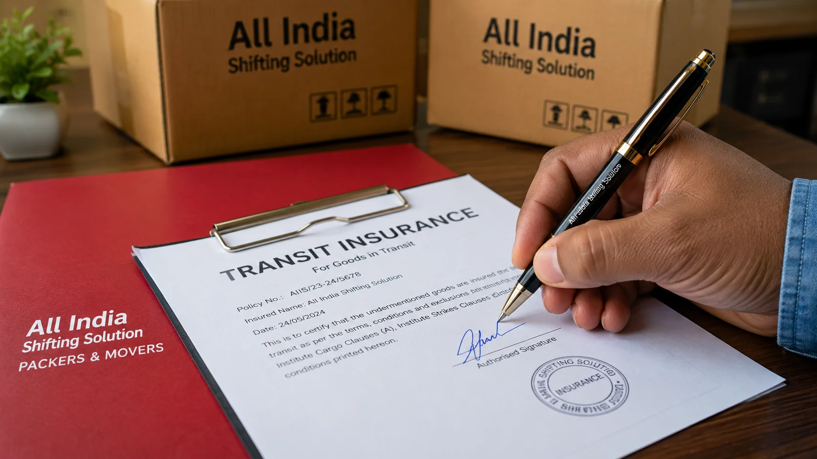 A macro close-up of a hand signing an official transit insurance document with a premium pen, resting next to a branded folder with corrugated cardboard boxes professionally printed with "All India Shifting Solution" in black text subtly in the background.