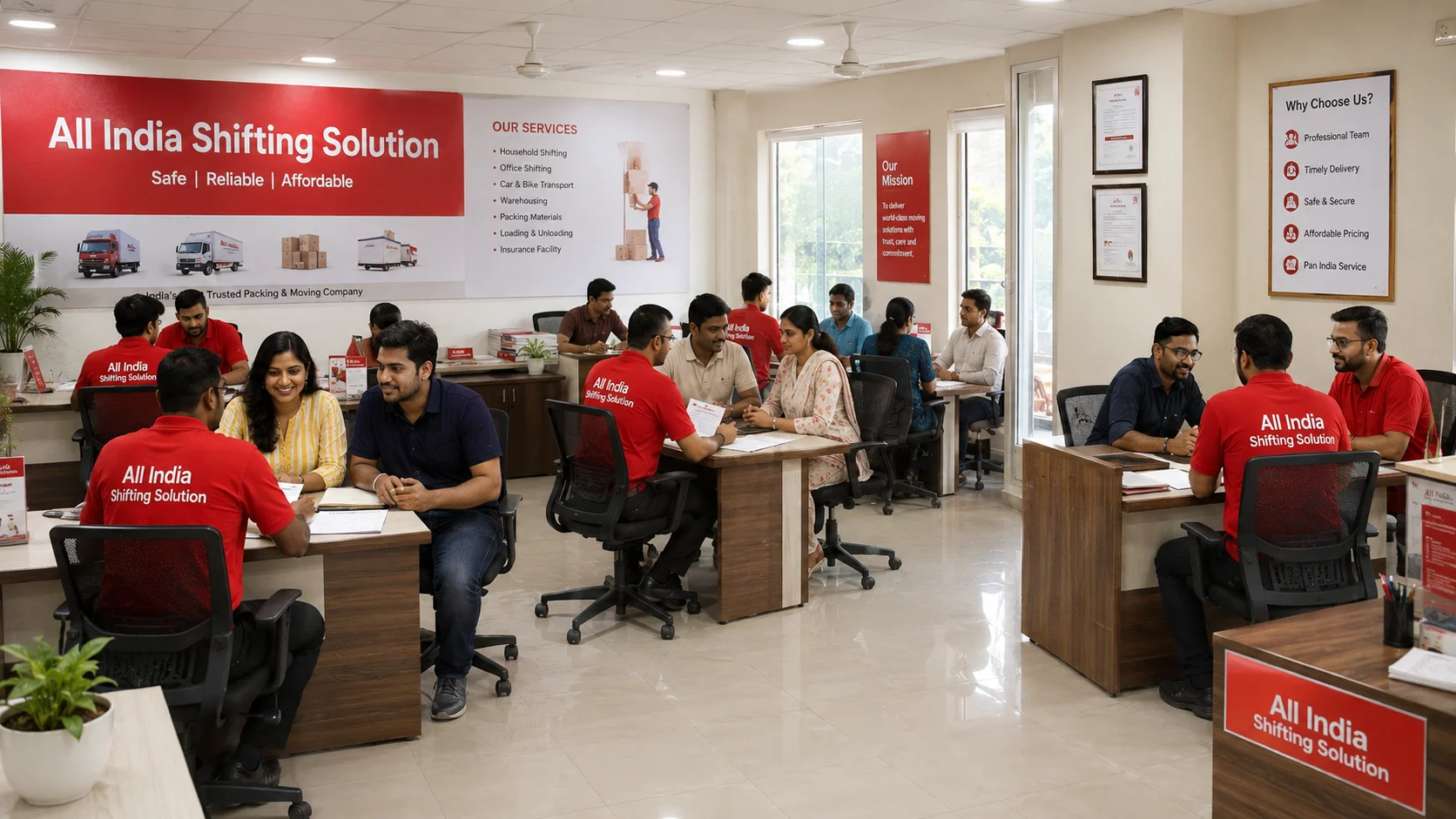 A wide shot of a bright, welcoming branch office showing multiple clients being consulted by staff in Red T-shirts, conveying total trust.