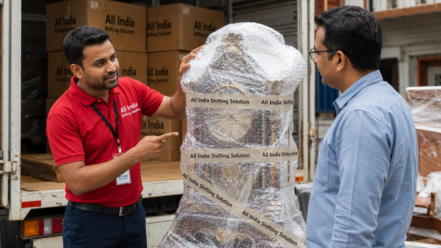 A confident consultant pointing to a highly valuable antique item wrapped in thick bubble wrap sealed with "All India Shifting Solution" branded packing tape, assuring the client of its complete safety and coverage.