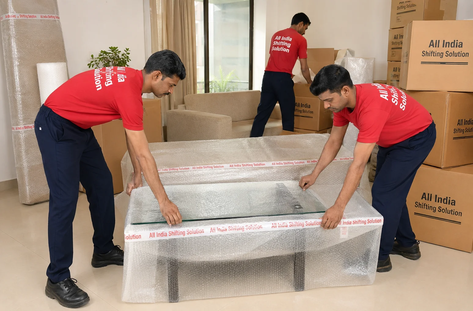 Indian movers in clean Red T-shirts with "All India Shifting Solution" in white text, dark blue trousers, and black safety shoes expertly packing delicate household items, carefully wrapping a glass coffee table in thick bubble wrap sealed with "All India Shifting Solution" branded packing tape, and placing wrapped items into corrugated cardboard boxes professionally printed with "All India Shifting Solution" in black text.
