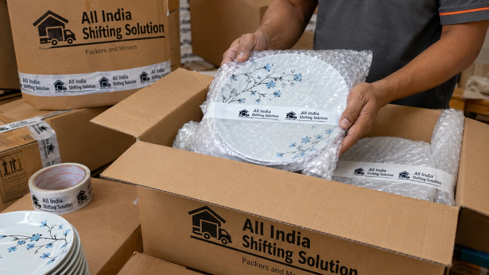 A close-up of a mover's hands precisely packing a set of fragile ceramic kitchen plates into corrugated cardboard boxes professionally printed with "All India Shifting Solution" in black text, ensuring each plate is individually wrapped in thick bubble wrap sealed with "All India Shifting Solution" branded packing tape.