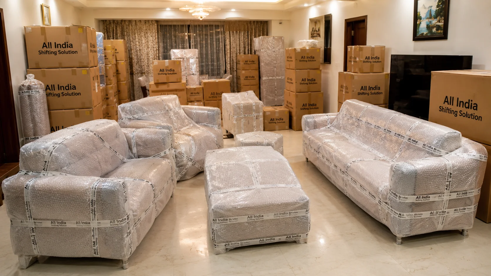 A wide view of a fully packed living room where all furniture is securely wrapped in thick bubble wrap sealed with "All India Shifting Solution" branded packing tape and dozens of corrugated cardboard boxes professionally printed with "All India Shifting Solution" in black text are staged perfectly for loading.