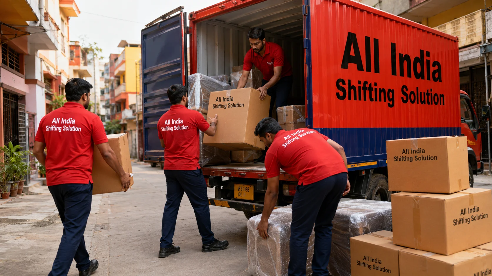 Indian movers in clean Red T-shirts with "All India Shifting Solution" in white text, dark blue trousers, and black safety shoes carefully loading corrugated cardboard boxes professionally printed with "All India Shifting Solution" in black text and heavy protected furniture into the open back of a plain red and blue Indian container truck with "All India Shifting Solution" in large black text parked in a narrow Indian residential lane.