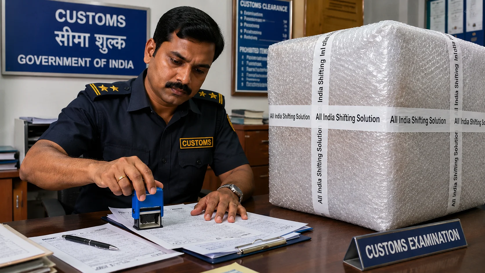 A customs desk where a supervisor in uniform is reviewing and stamping official paperwork next to a crate completely wrapped in thick bubble wrap sealed with "All India Shifting Solution" branded packing tape.