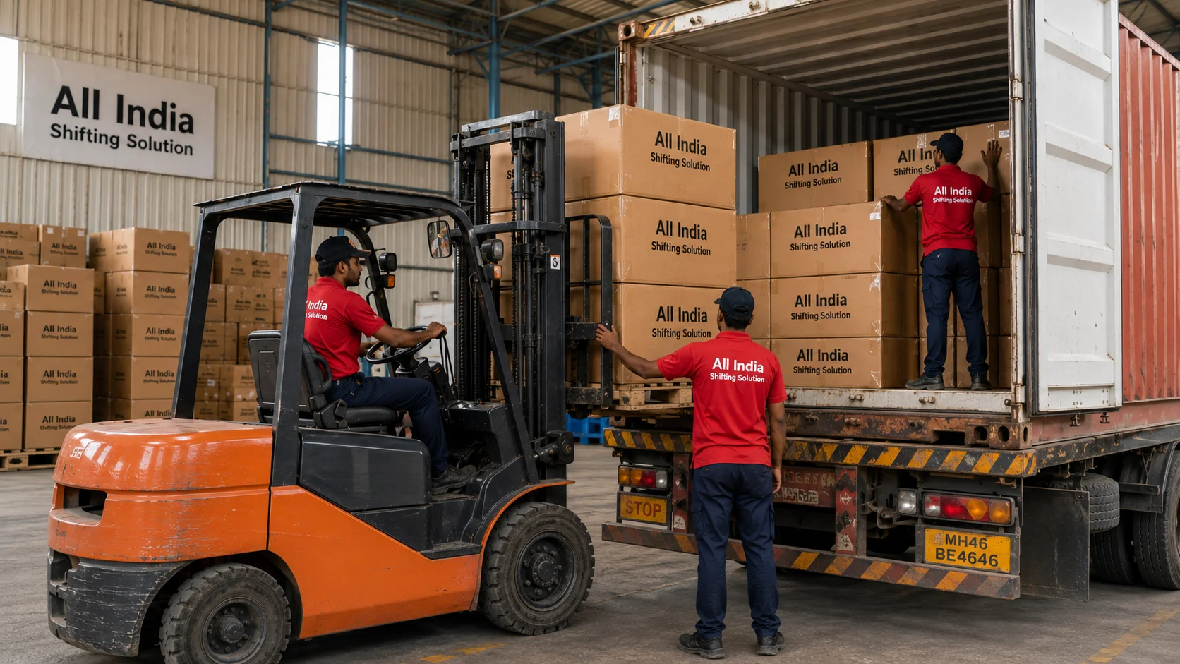 A wide warehouse shot showing an industrial forklift safely assisting movers in loading secured corrugated cardboard boxes professionally printed with "All India Shifting Solution" in black text into a shipping container.