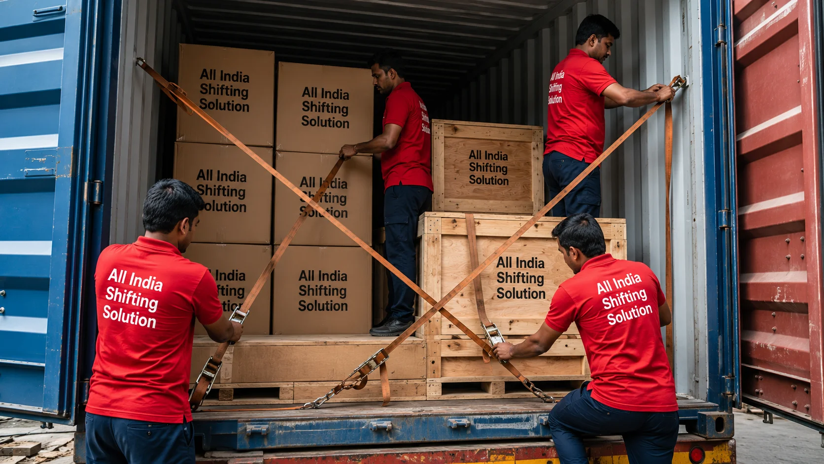 Indian movers in clean Red T-shirts with "All India Shifting Solution" in white text, dark blue trousers, and black safety shoes actively securing corrugated cardboard boxes professionally printed with "All India Shifting Solution" in black text and wooden crates with heavy-duty industrial ratchets inside a large shipping container to prevent transit shifting.