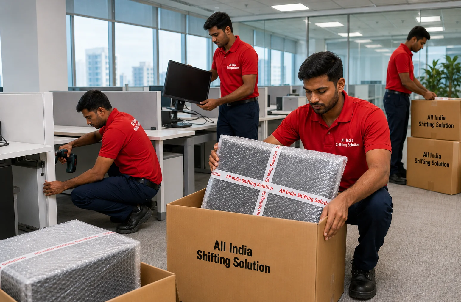 Indian movers in clean Red T-shirts with "All India Shifting Solution" in white text, dark blue trousers, and black safety shoes efficiently dismantling modern office workstations and carefully packing IT equipment, placing monitors wrapped in thick bubble wrap sealed with "All India Shifting Solution" branded packing tape inside corrugated cardboard boxes professionally printed with "All India Shifting Solution" in black text.