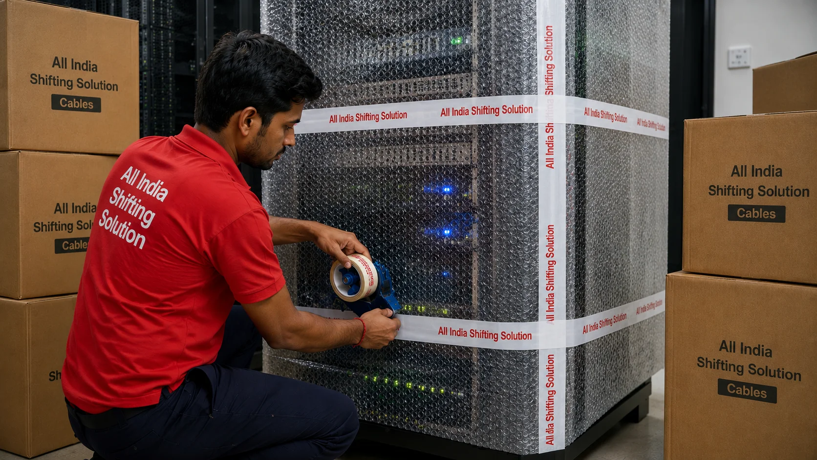 An expensive IT server rack being meticulously secured in thick bubble wrap sealed with "All India Shifting Solution" branded packing tape by a specialized mover, surrounded by corrugated cardboard boxes professionally printed with "All India Shifting Solution" in black text designated for cables.