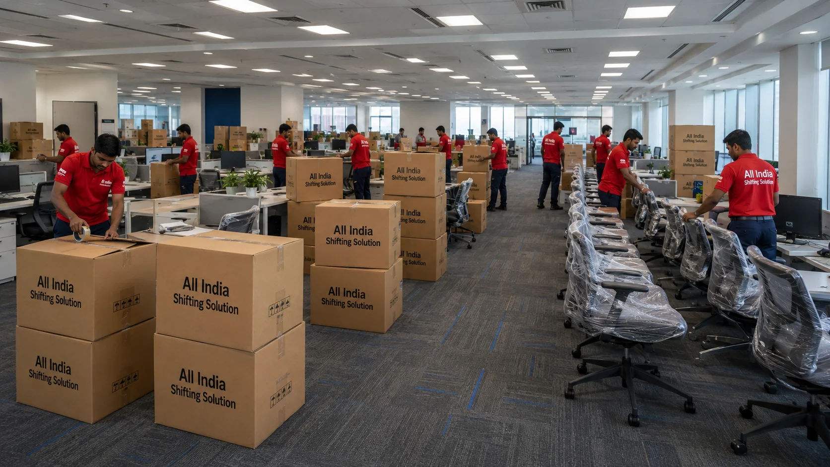 A wide view of a bustling Indian corporate office being packed up, showing rows of corrugated cardboard boxes professionally printed with "All India Shifting Solution" in black text and ergonomic office chairs lined up.