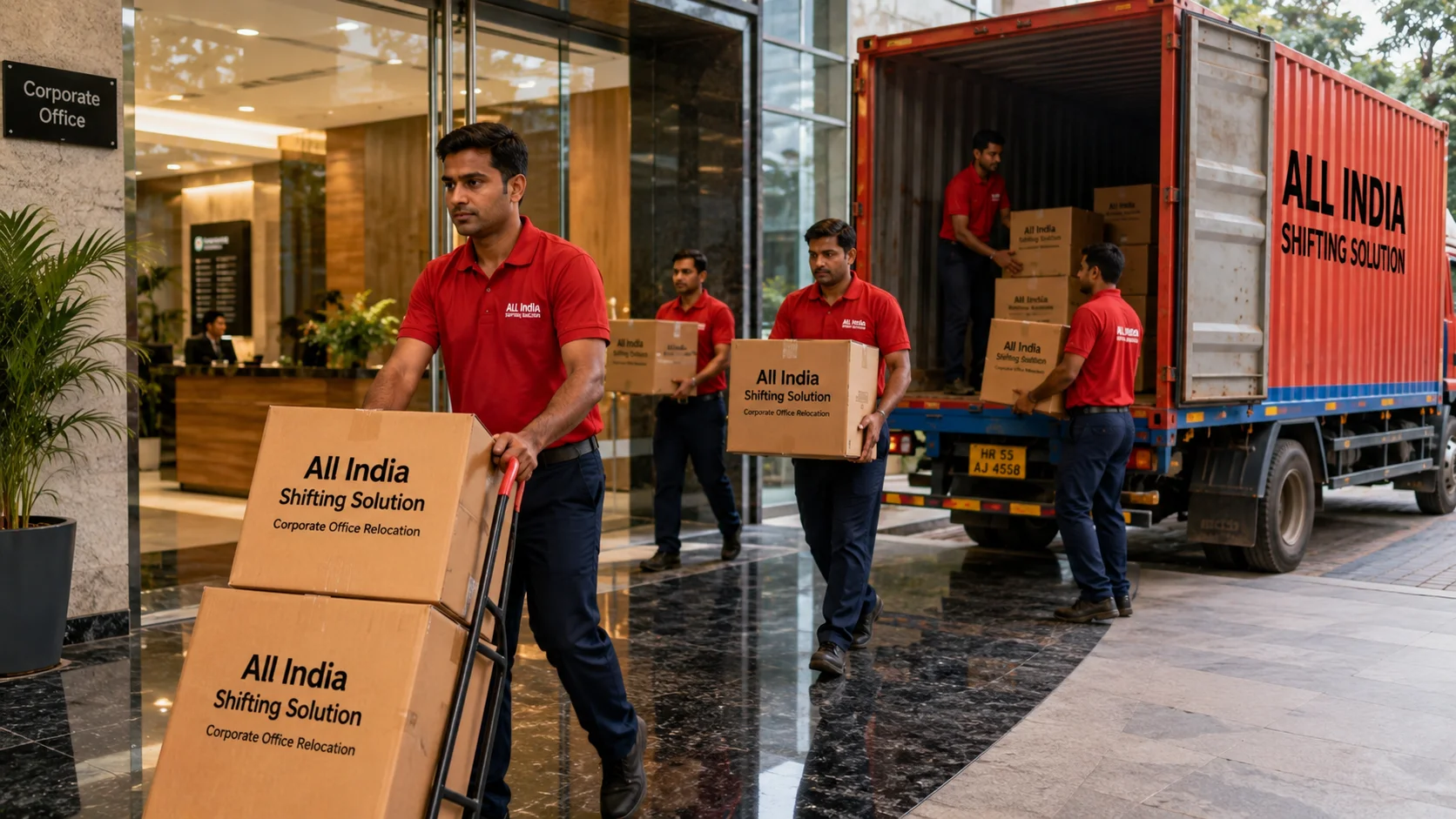 A focused moving team transporting corrugated cardboard boxes professionally printed with "All India Shifting Solution" in black text containing sensitive corporate documents through a polished glass office lobby towards a plain red and blue Indian container truck with "All India Shifting Solution" in large black text.