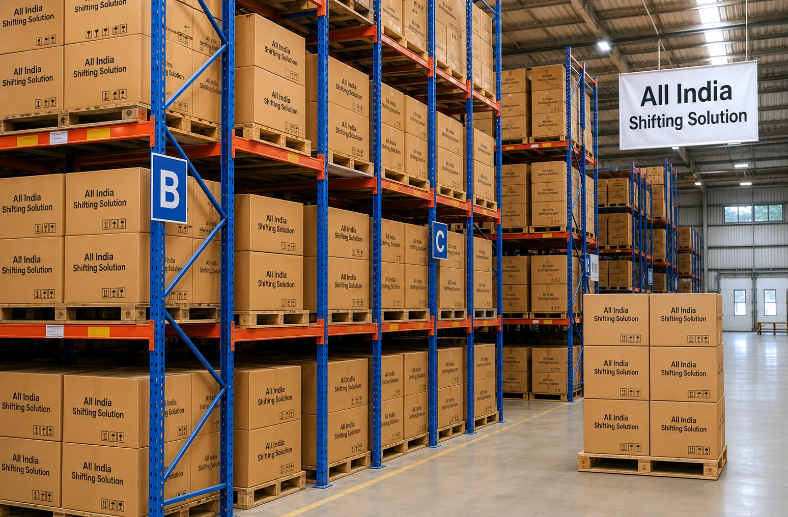 A pristine, well-lit warehouse interior showing massive, tall steel shelving units filled entirely with perfectly aligned corrugated cardboard boxes professionally printed with "All India Shifting Solution" in black text.