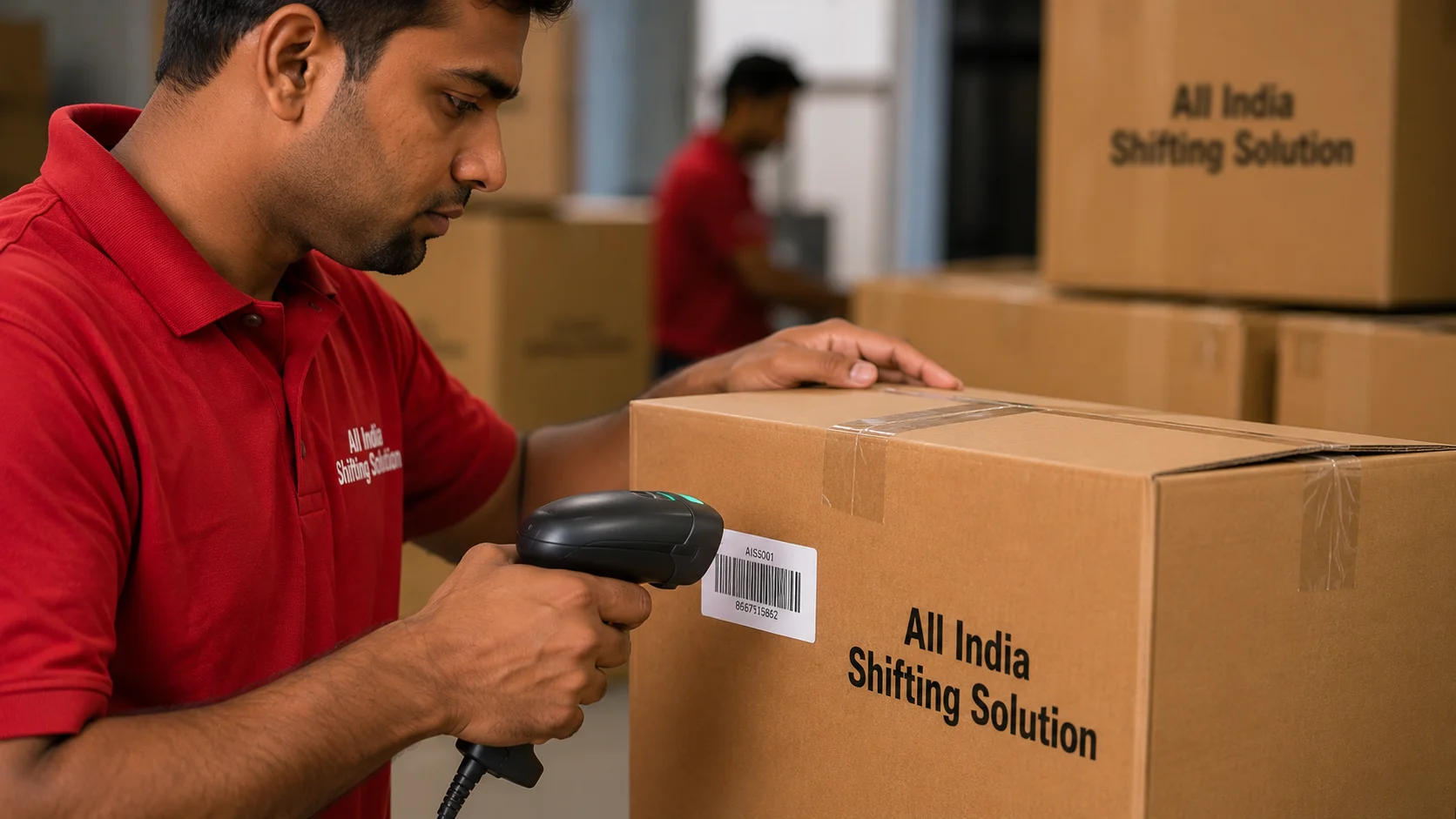 A close-up of a supervisor scanning a barcode on one of the corrugated cardboard boxes professionally printed with "All India Shifting Solution" in black text with a handheld digital laser scanner for accurate inventory tracking.