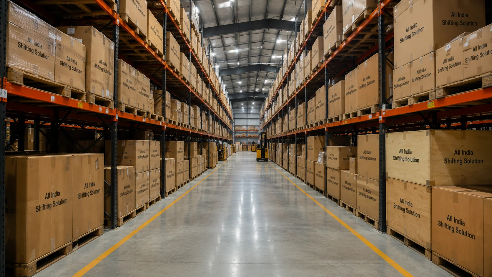 A wide architectural shot of an immense, spotless warehouse aisle demonstrating extreme cleanliness, organization, and vast storage scale.