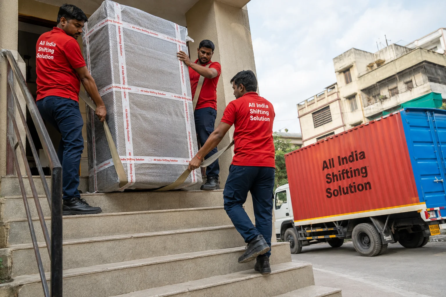 A synchronized moving crew of Indian movers in clean Red T-shirts with "All India Shifting Solution" in white text, dark blue trousers, and black safety shoes safely carrying a heavy, solid wood wardrobe down building steps using professional moving straps. The wardrobe is fully encased in thick bubble wrap sealed with "All India Shifting Solution" branded packing tape.