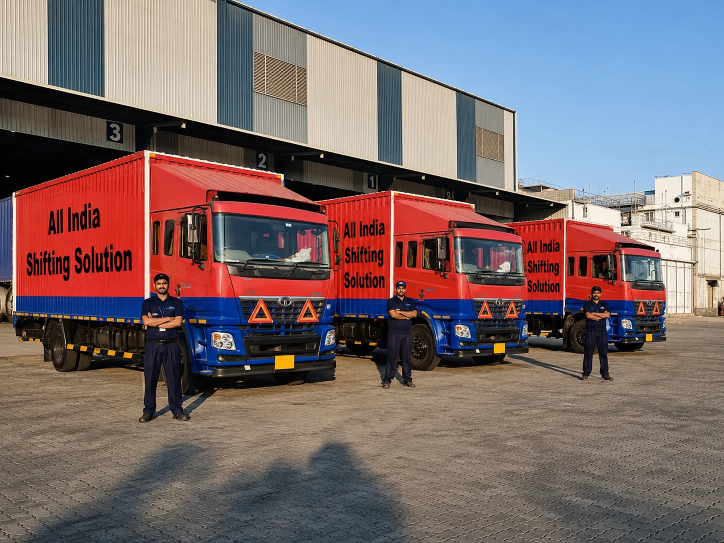 A majestic fleet of three perfectly aligned a plain red and blue Indian container truck with "All India Shifting Solution" in large black texts. Professional drivers in neat uniforms stand proudly and confidently beside their respective truck doors.